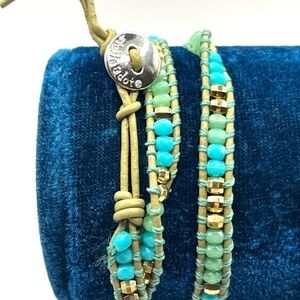 S&D Wanderlust Triple Wrap Bracelet Blue and Green Beads Tan leather Cord 22